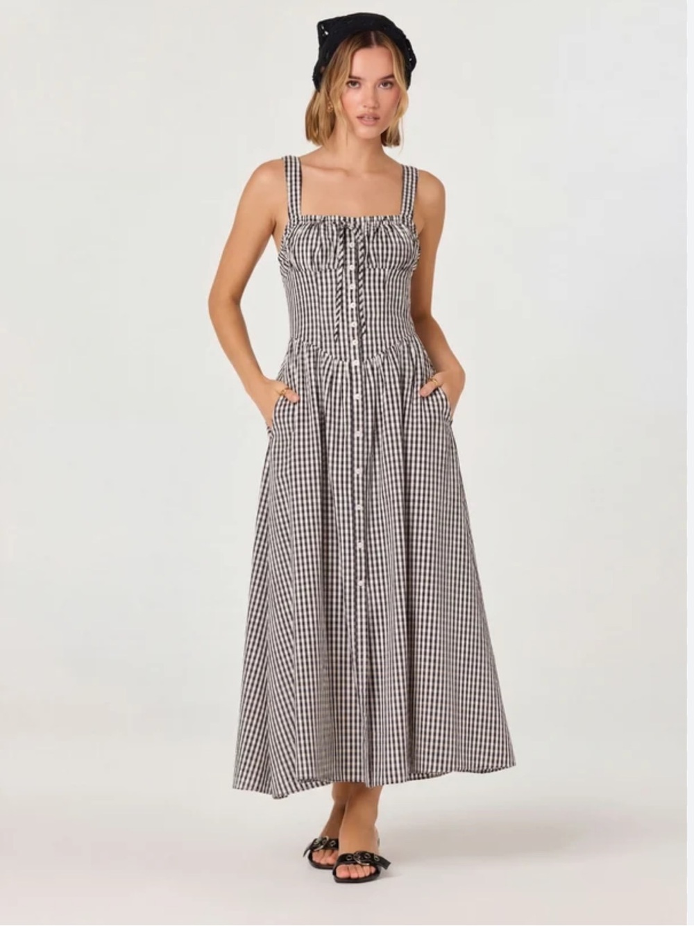 Astr Gingham Black and White Midi Dress